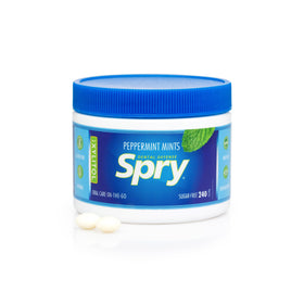Spry Xylitol Peppermint Mints packaging label emphasizes non-GMO and gluten-free.