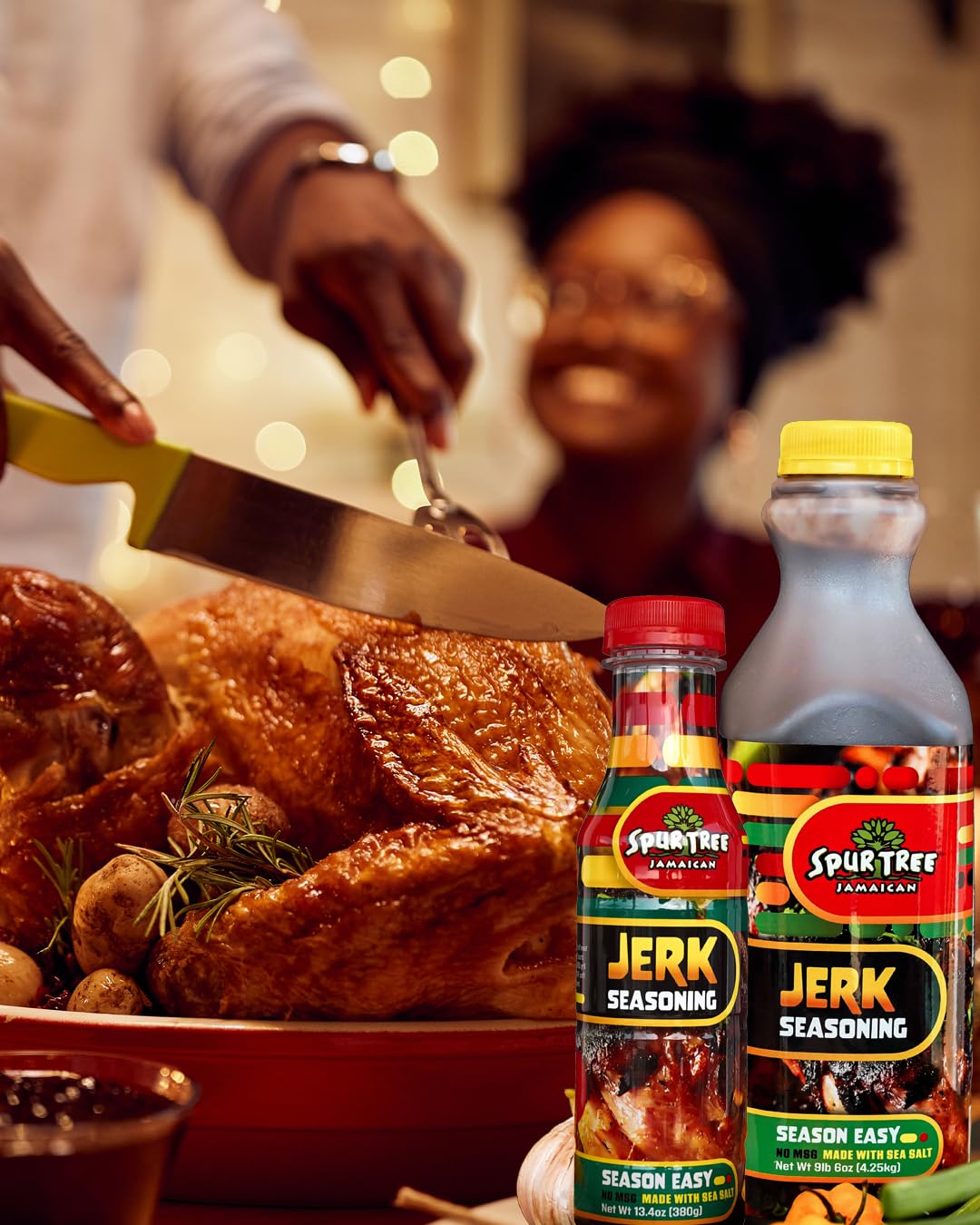 Spur Tree Jerk Seasoning being poured over meat for quick, flavorful seasoning.