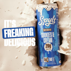 Spylt caffeine-60mg-label-closeup highlights energy alongside 20g protein