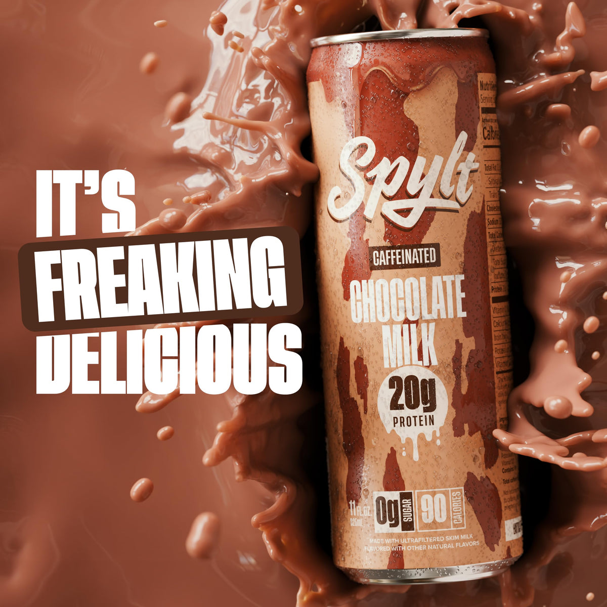 Spylt chocolate milk bottle on shelf highlighting zero sugar lactose-free formula