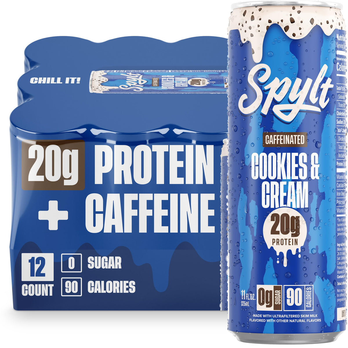 Spylt cookies-cream-milk bottle-pour shows creamy flavor and caffeine boost for an afternoon pick-me-up