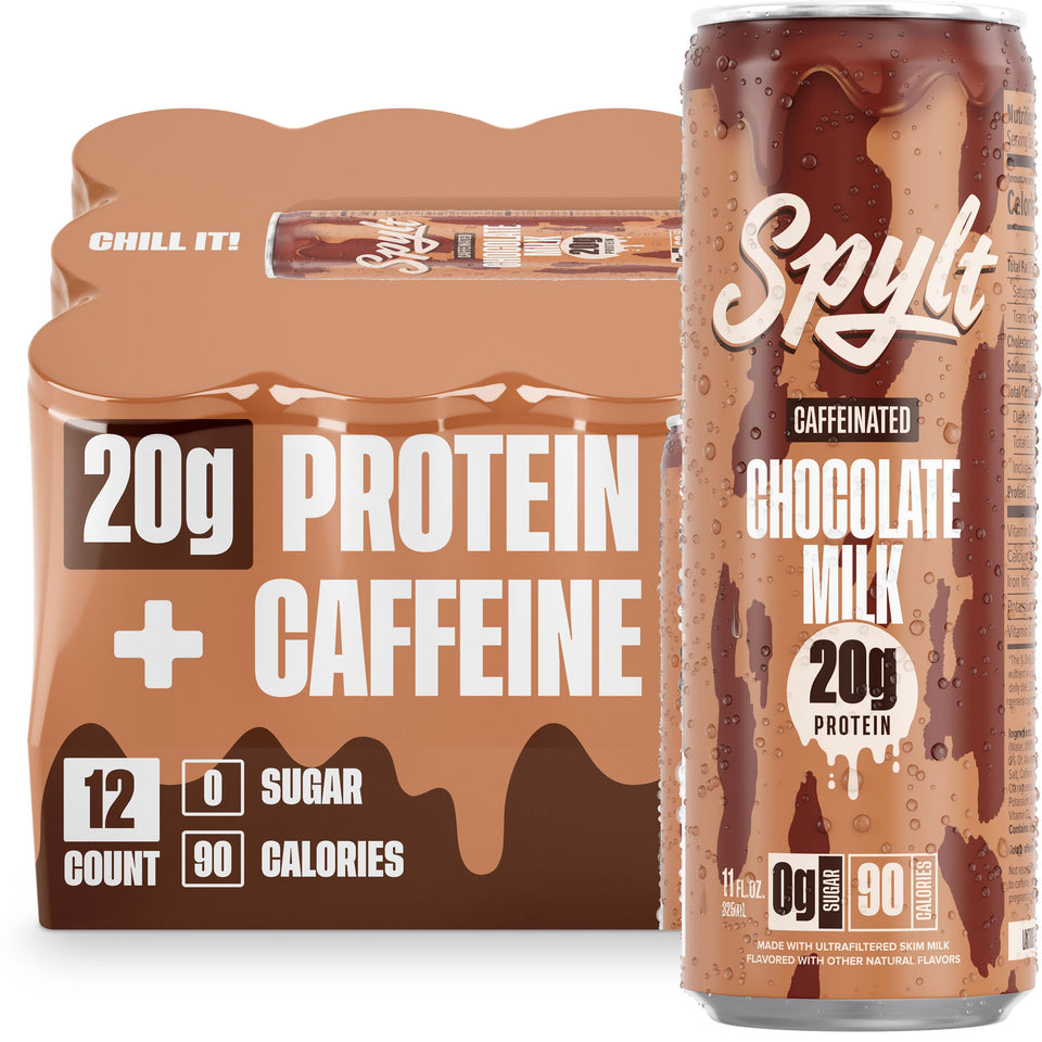 Spylt high-protein chocolate milk bottle with caffeine for afternoon energy