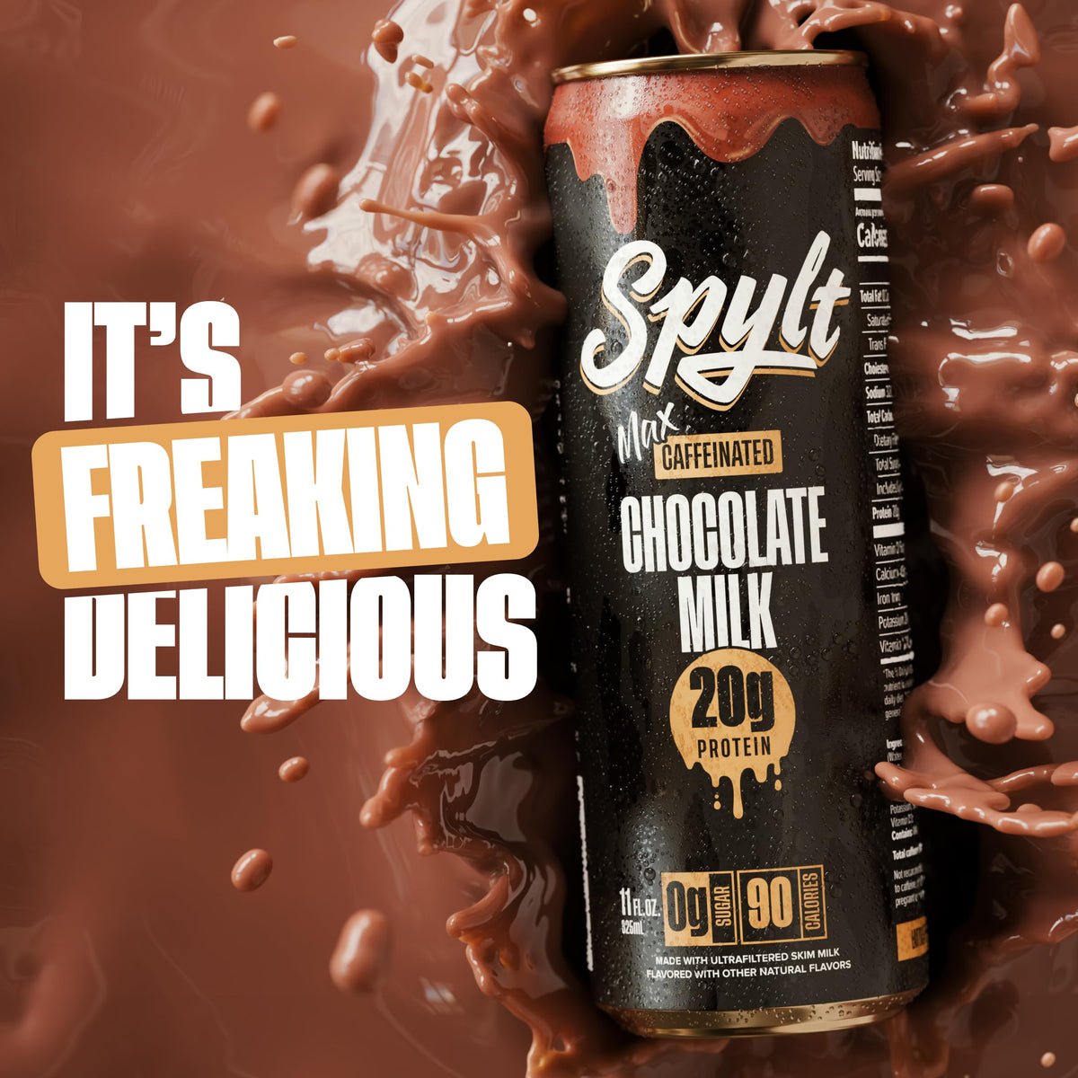 Spylt High Protein Max chocolate milk glass being poured showcases ready-to-drink convenience