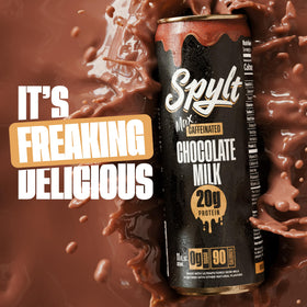 Spylt High Protein Max chocolate milk glass being poured showcases ready-to-drink convenience