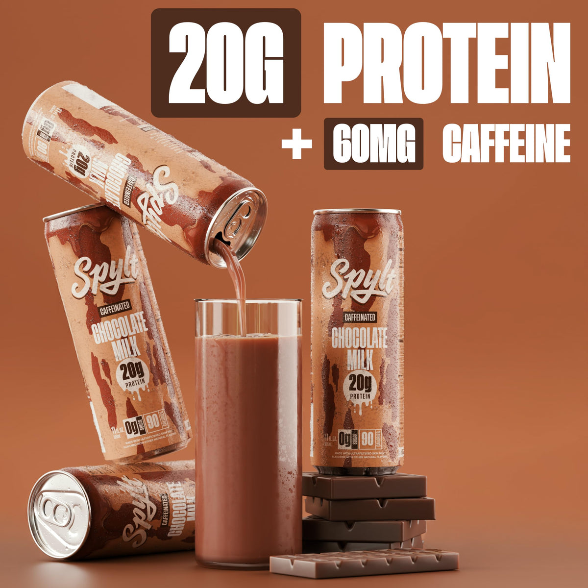 Spylt ready-to-drink chocolate milk pour showcasing creamy texture and protein