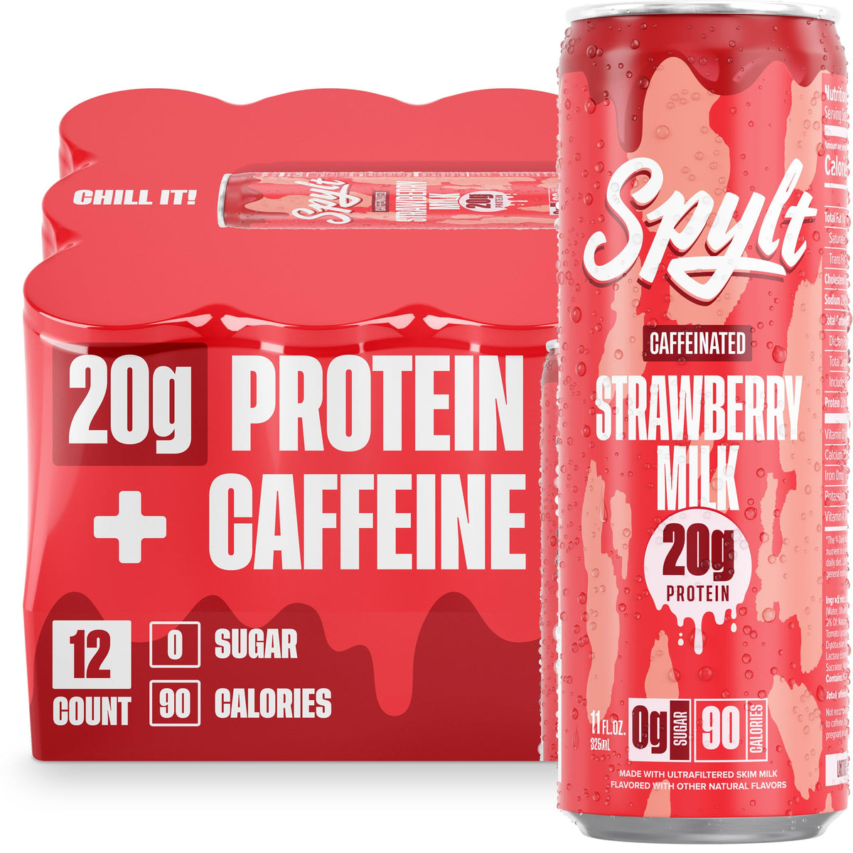 Spylt strawberry milk bottle with caffeinated protein boost for workouts.