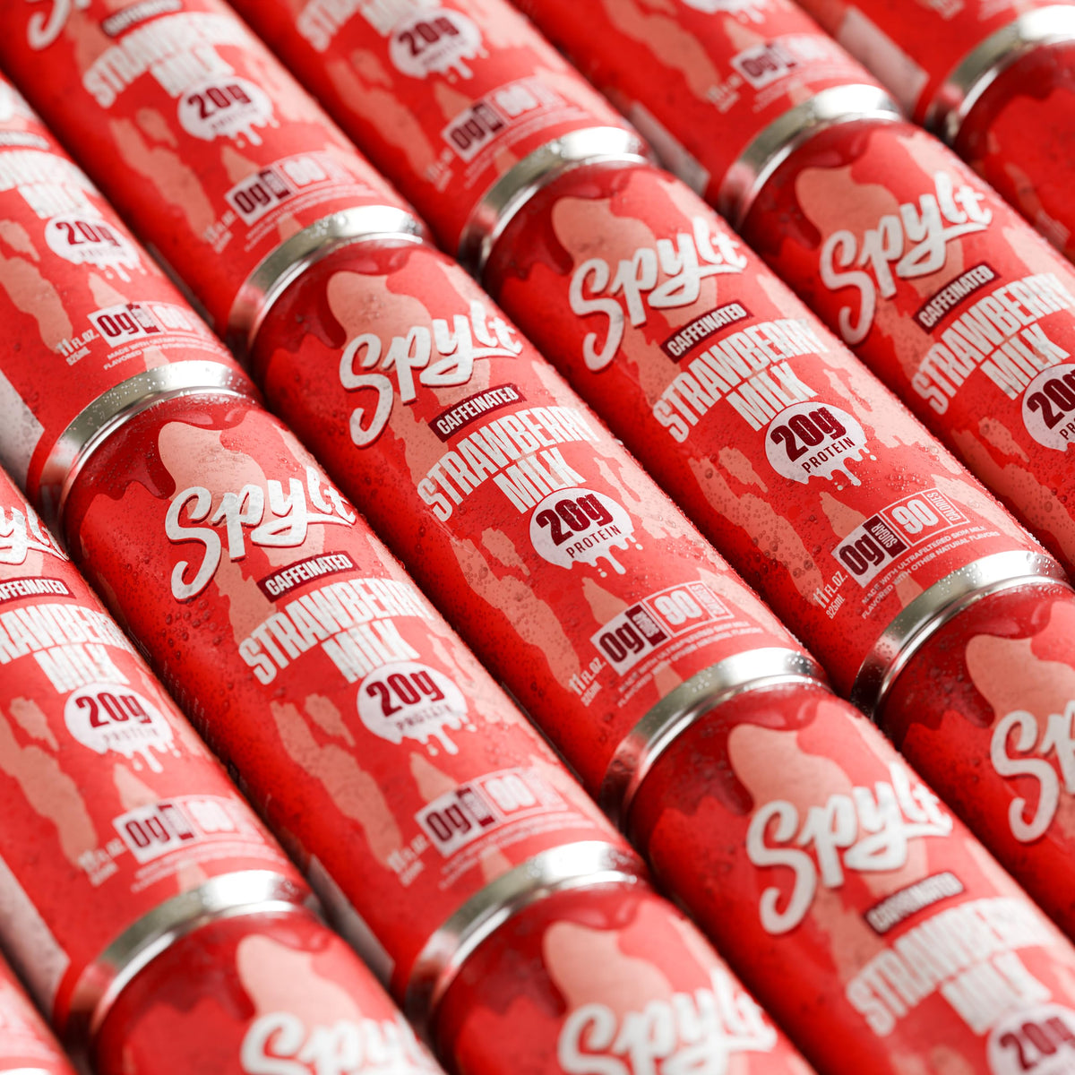 Spylt strawberry milk ingredients icon set highlights protein and caffeine.