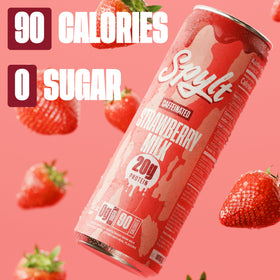 Spylt strawberry milk label view notes zero sugar and lactose-free formula.