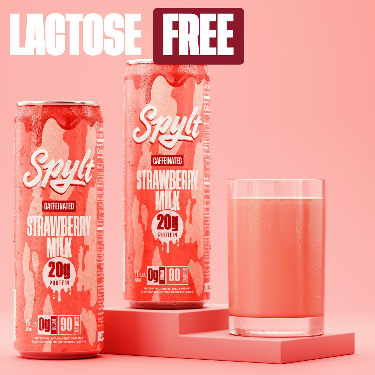 Spylt strawberry milk pack shot emphasizes convenient 12-count ready-to-drink packaging.