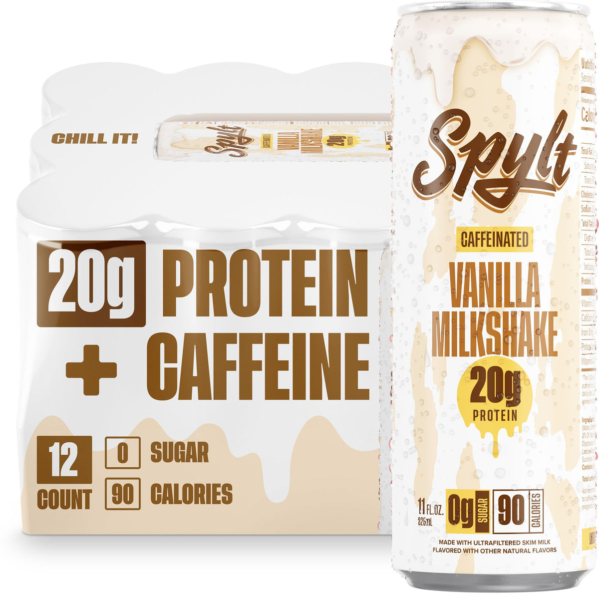 Spylt vanilla milkshake bottle, ready-to-drink caffeinated protein for on-the-go energy