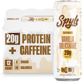 Spylt vanilla milkshake bottle, ready-to-drink caffeinated protein for on-the-go energy