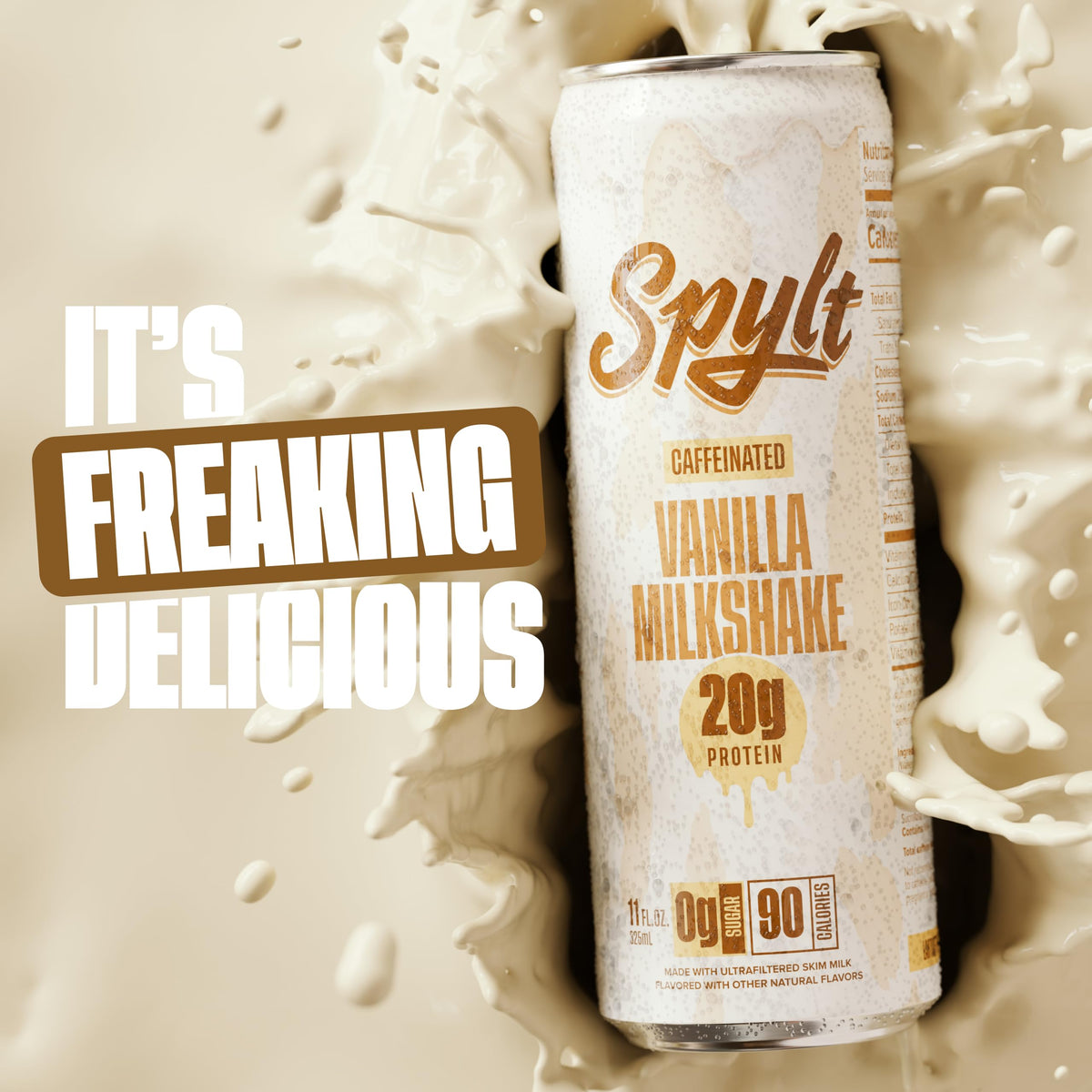 Pouring Spylt vanilla milkshake into a glass showing creamy texture for post-workout refreshment