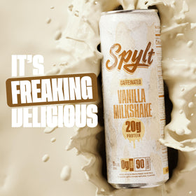 Pouring Spylt vanilla milkshake into a glass showing creamy texture for post-workout refreshment