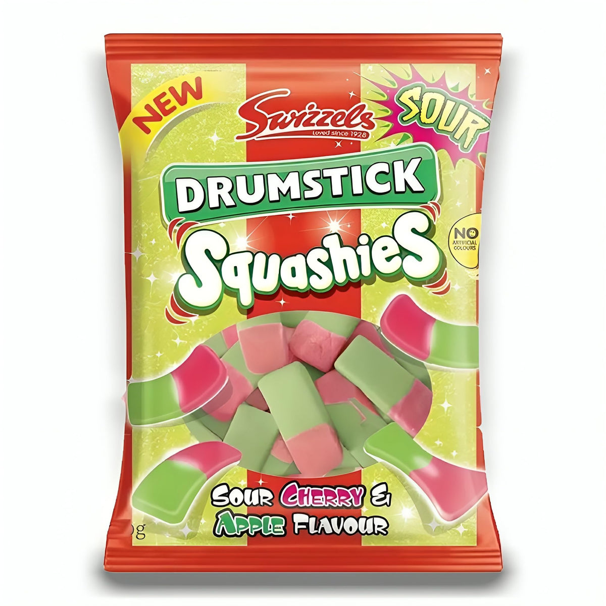 Squashies Drumstick Cherry & Apple texture close-up, vibrant jelly with fruity notes.