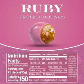 Close-up of Ruby Cacao coating on pretzel rounds showing berry-like flavor and premium texture.