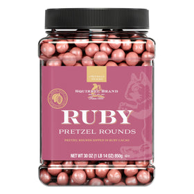 Squirrel Brand Ruby Cacao Pretzel Rounds in a resealable jar for easy snacking and gifting.