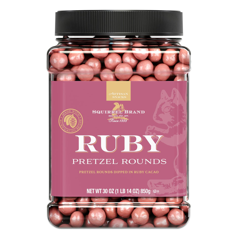 Squirrel Brand Ruby Cacao Pretzel Rounds in a resealable jar for easy snacking and gifting.