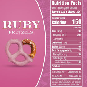 Squirrel Brand Ruby Cacao Pretzel Twists coating-detail highlights smooth berry-like notes with a chocolatey finish.
