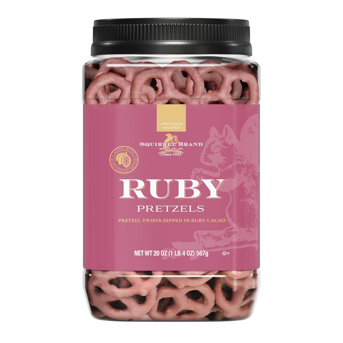 Squirrel Brand Ruby Cacao Pretzel Twists in a jar close-up showing glossy ruby coating for premium snacking.