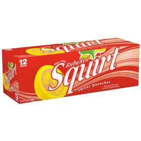 Squirt Ruby Red brand logo closeup reinforces iconic grapefruit soda