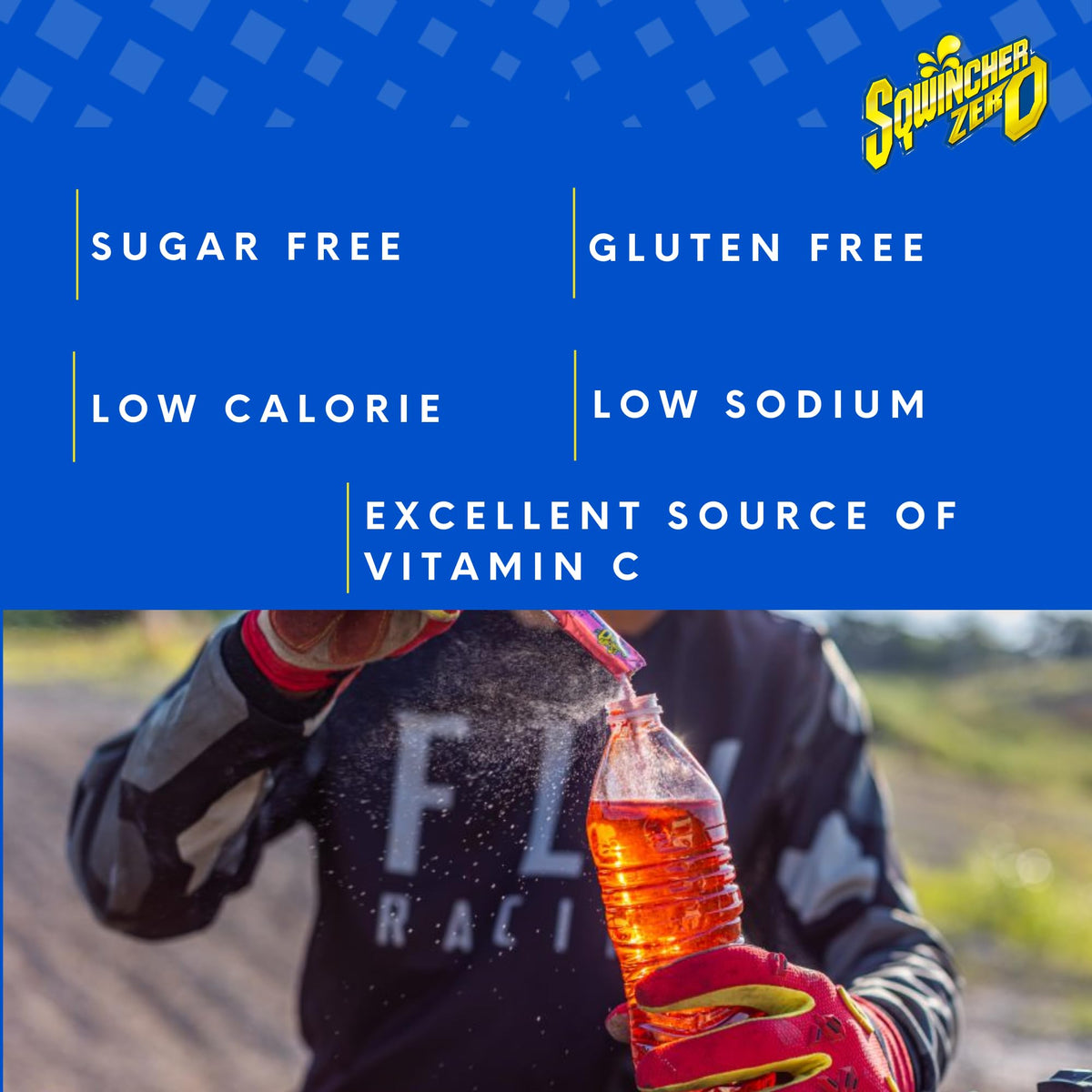 Glass of Sqwincher drink beside powder for quick, zero-calorie hydration