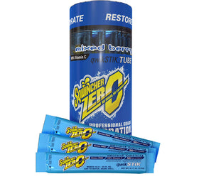 Sqwincher Qwik Stik mixed berry flavor packet dissolving in water for quick refreshment