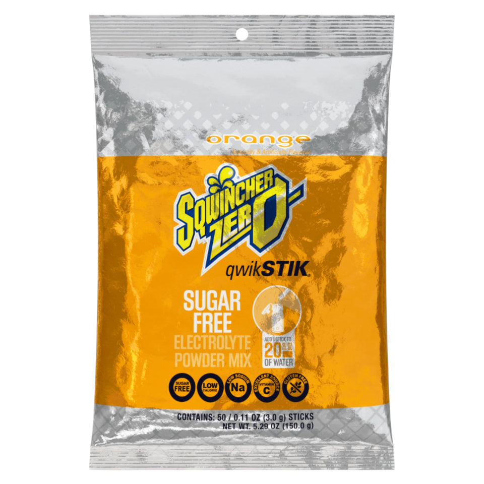 Sqwincher Stik 20oz orange bottle label visible for on-the-go hydration.