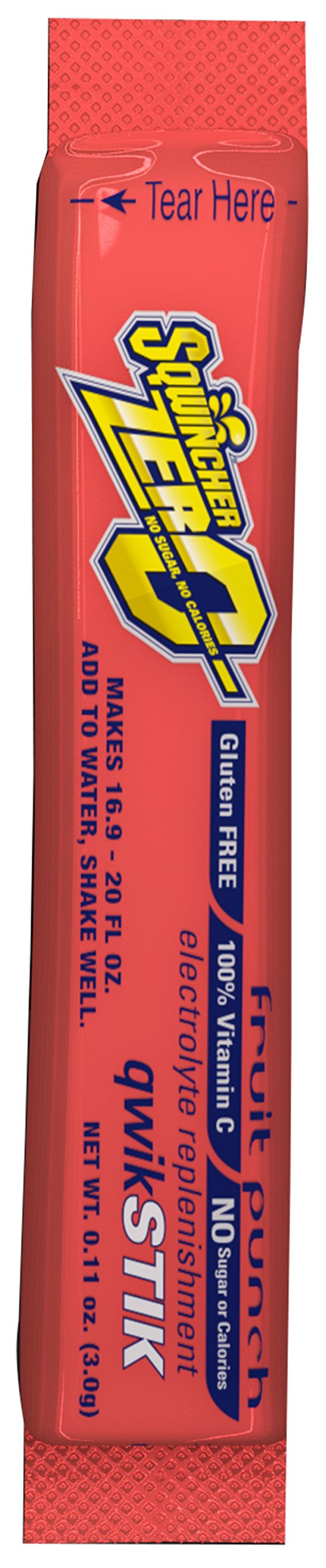 Sqwincher Zero Qwik Stik powder pouch in fruit punch flavor for sugar-free hydration
