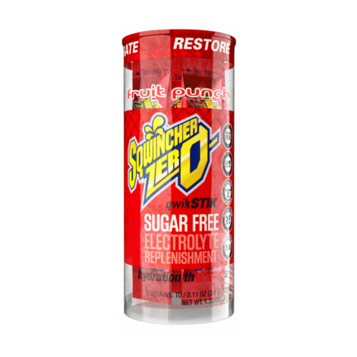 Close-up of Sqwincher ZERO Qwik Stik sticks highlighting sugar-free electrolyte blend.