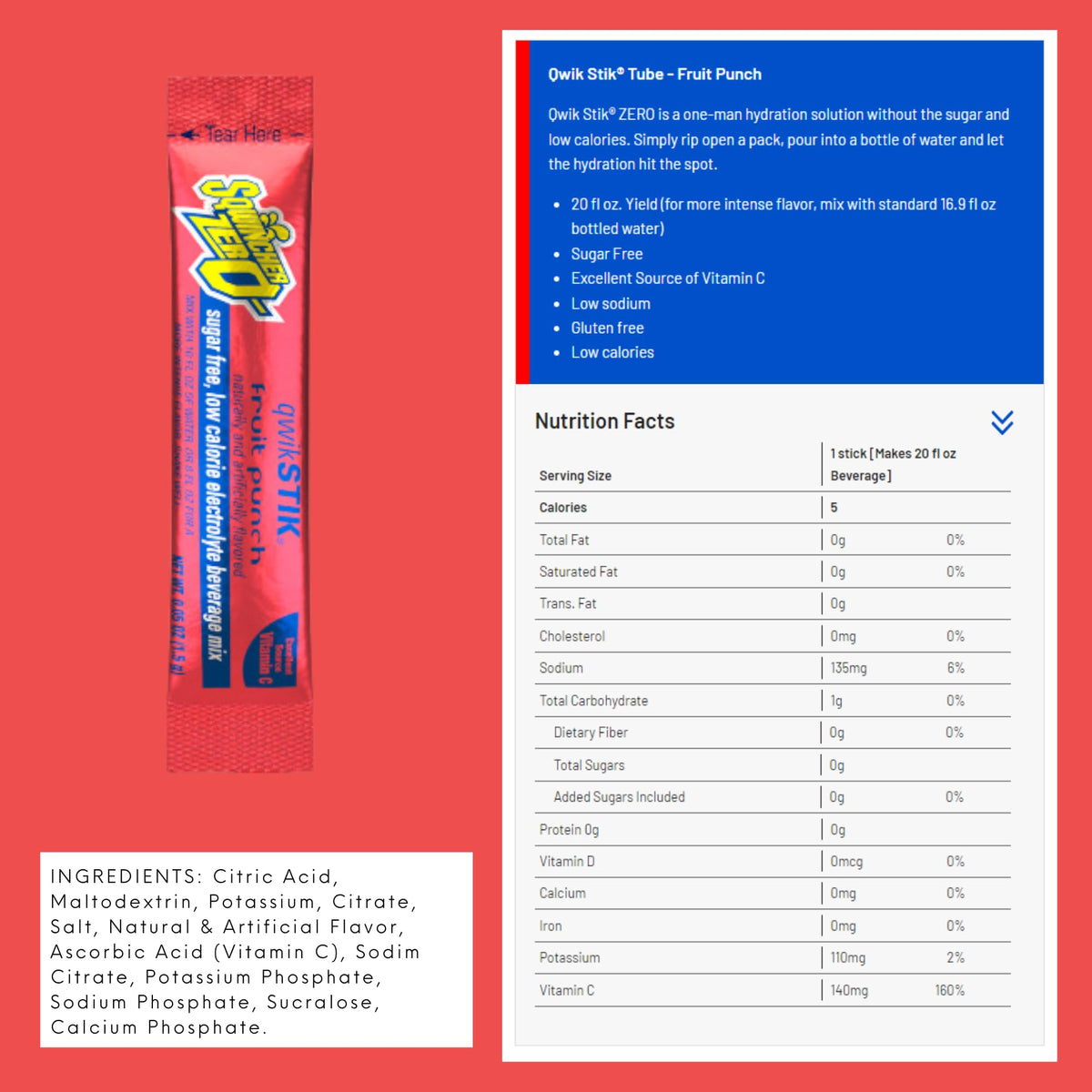 Sugar-free formulation highlighted on Sqwincher ZERO Qwik Stik packaging.