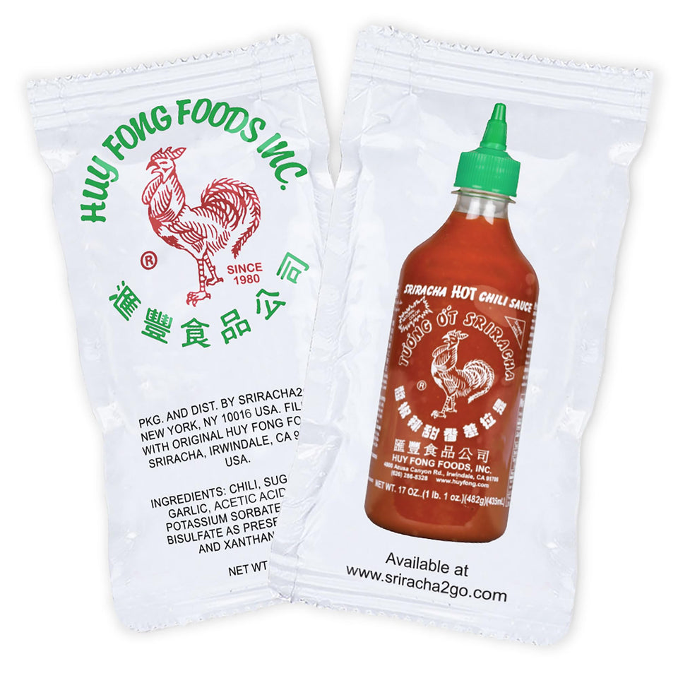 Sriracha2Go bulk packets packaging display for easy pantry access.