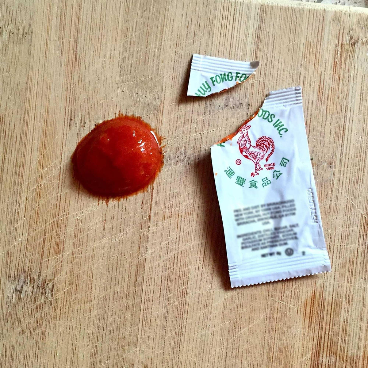 Sriracha2Go pocket packets ready for travel and meals.