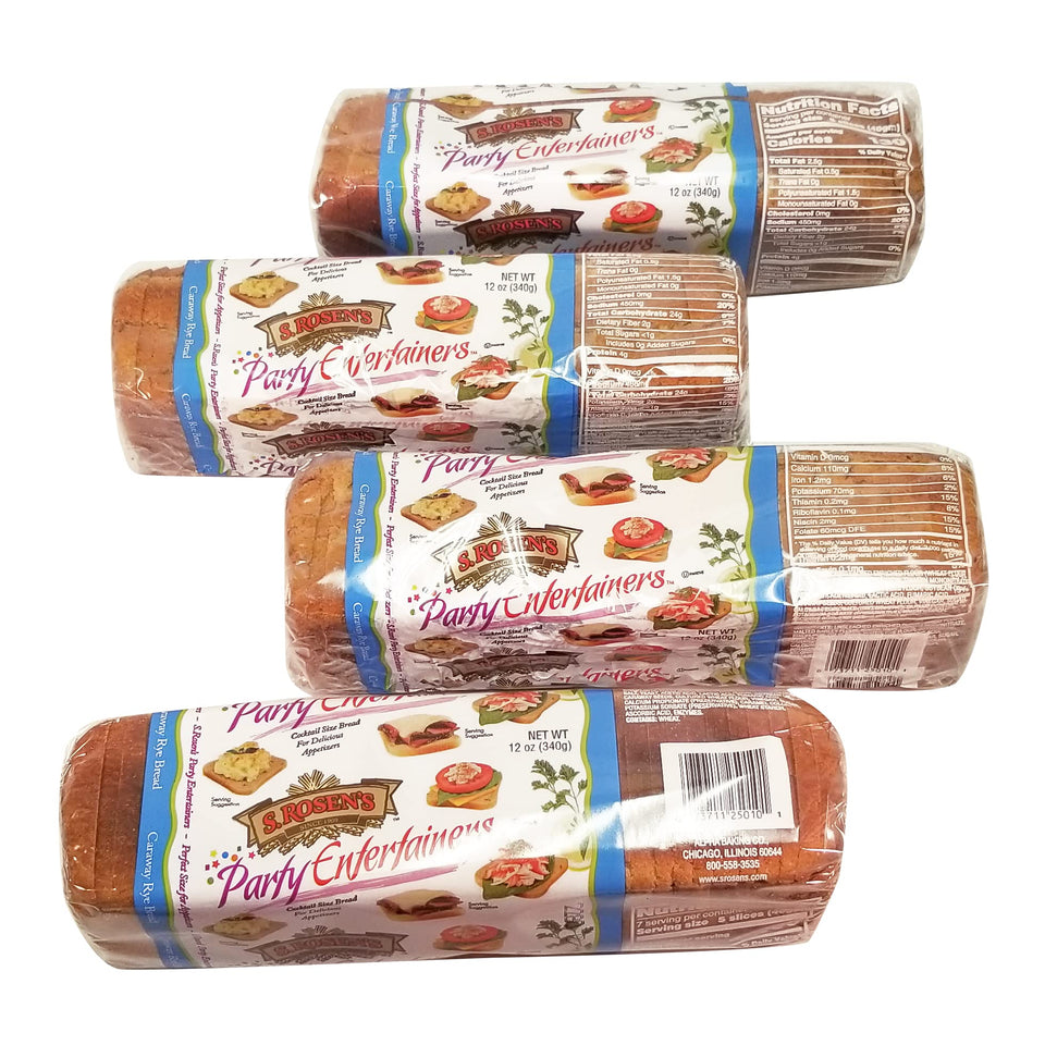 S. Rosen's Cocktail Rye Bread Caraway, unpacked loaves on packaging, ideal for quick canapés.