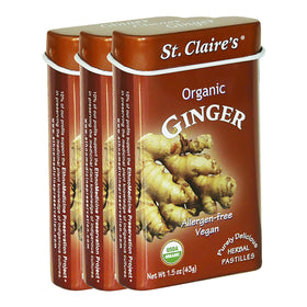 St. Claire's Organics Ginger Pastilles tin front view, gluten-free, soothing travel-friendly treat.
