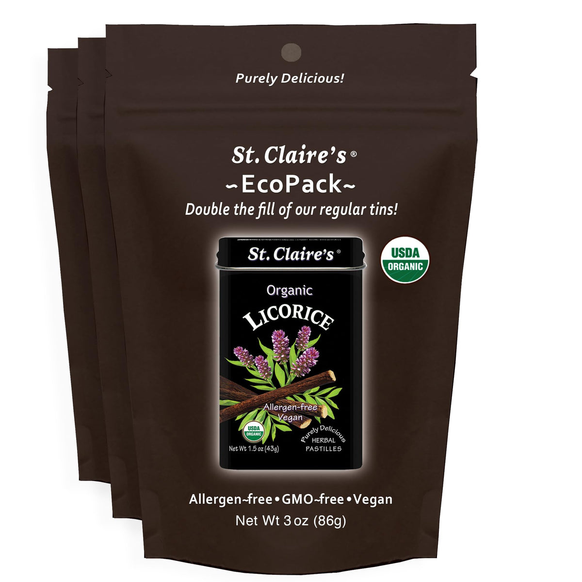 St. Claire's Organics licorice pastilles in EcoPack packaging for vegan, gluten-free snacking.