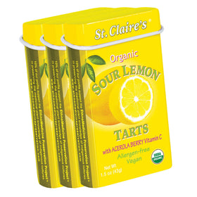 St. Claire's Organics Sour Lemon Tart tin front view showing branding and tangy color