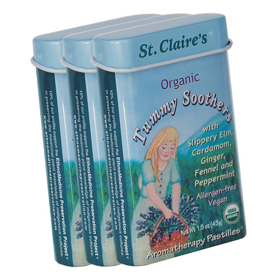 St. Claire's Organics Tummy Soothers tin front with cardamom-ginger flavor, portable option.