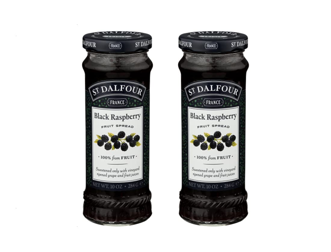St. Dalfour black raspberry fruit spread jar highlights natural ingredients for toast or dessert use