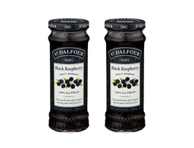 St. Dalfour black raspberry fruit spread jar highlights natural ingredients for toast or dessert use