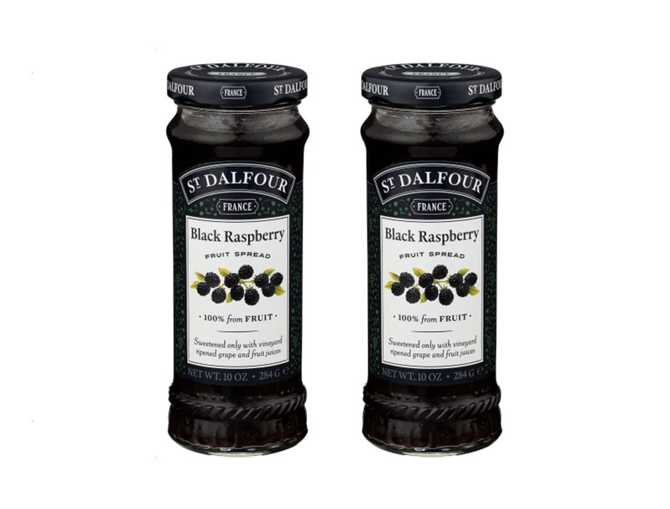 St. Dalfour black raspberry fruit spread jar highlights natural ingredients for toast or dessert use