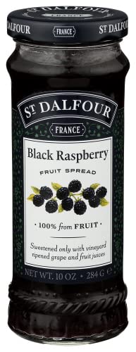 St. Dalfour black raspberry spread label emphasizes premium ingredients for quick breakfasts