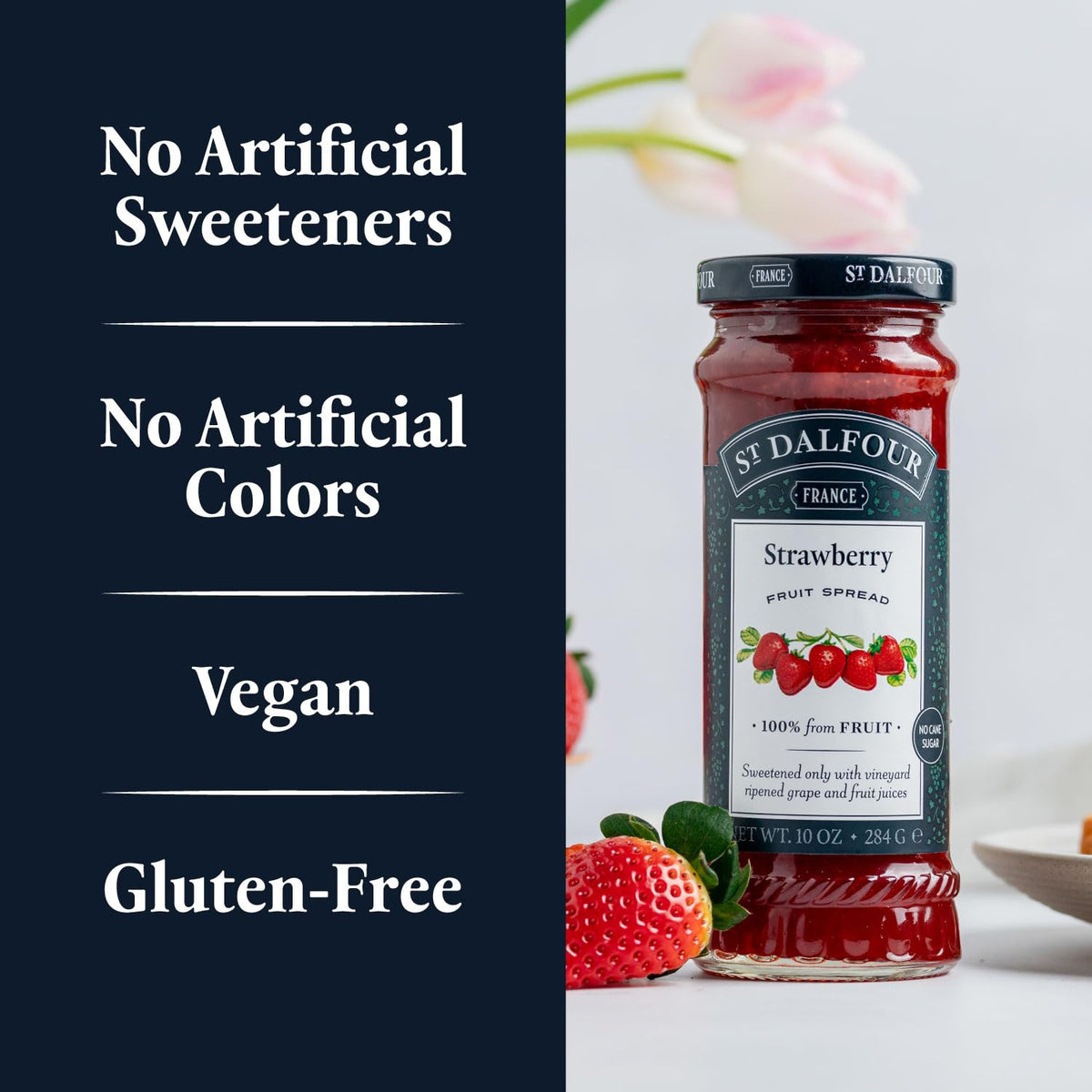 Ingredients close-up of St. Dalfour Strawberry Fruit Spread — 100% fruit.