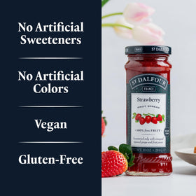 Ingredients close-up of St. Dalfour Strawberry Fruit Spread — 100% fruit.