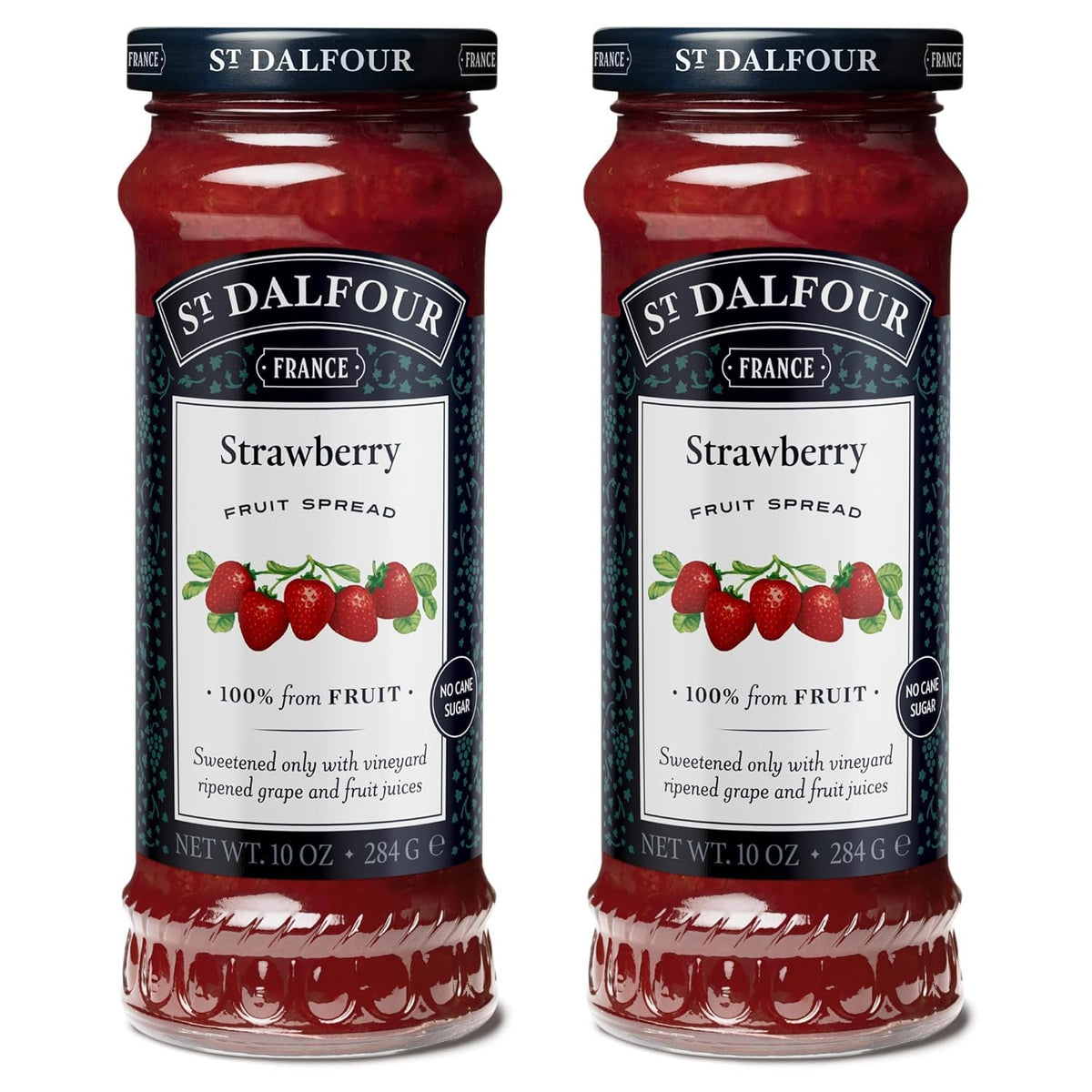 St. Dalfour strawberry spread jar front, premium natural fruit flavor.