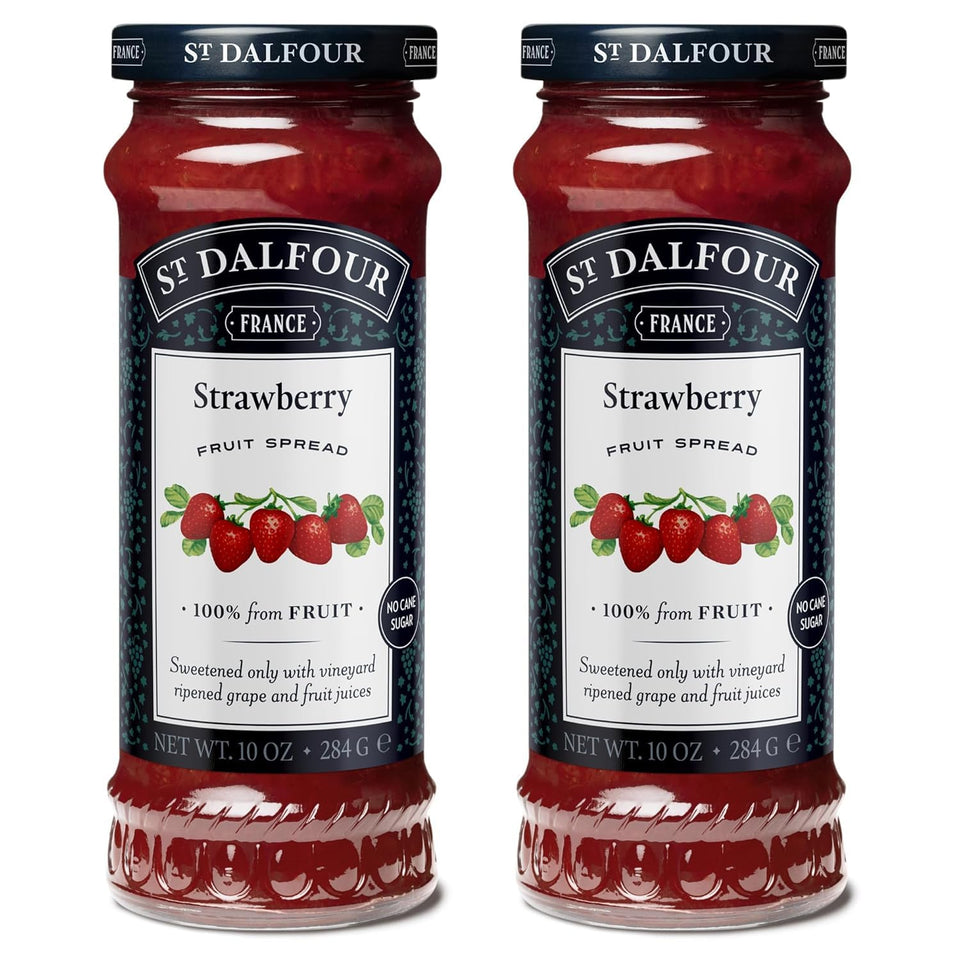 St. Dalfour strawberry spread jar front, premium natural fruit flavor.