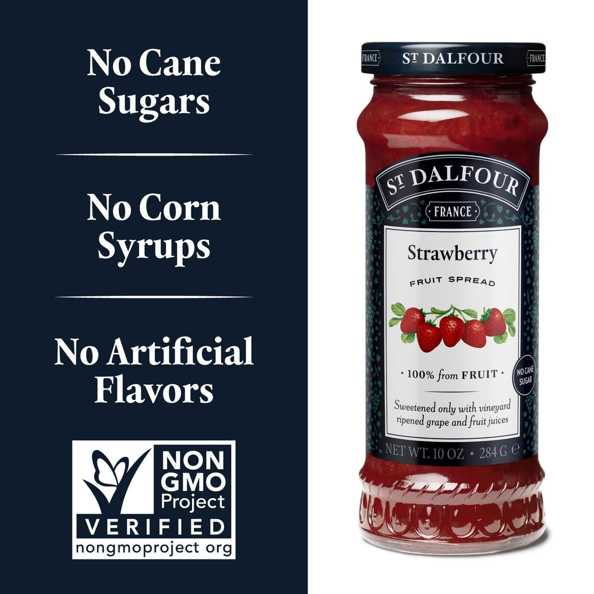 St. Dalfour strawberry spread ingredients label shows 100% fruit, no artificial additives.