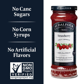 St. Dalfour strawberry spread ingredients label shows 100% fruit, no artificial additives.