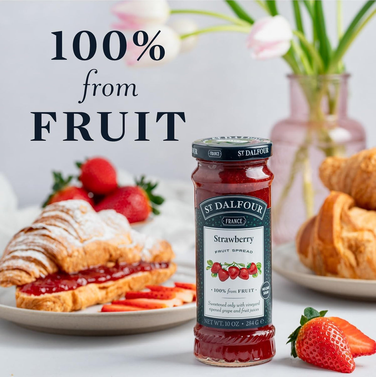 St. Dalfour strawberry spread on toast, ideal breakfast starter.
