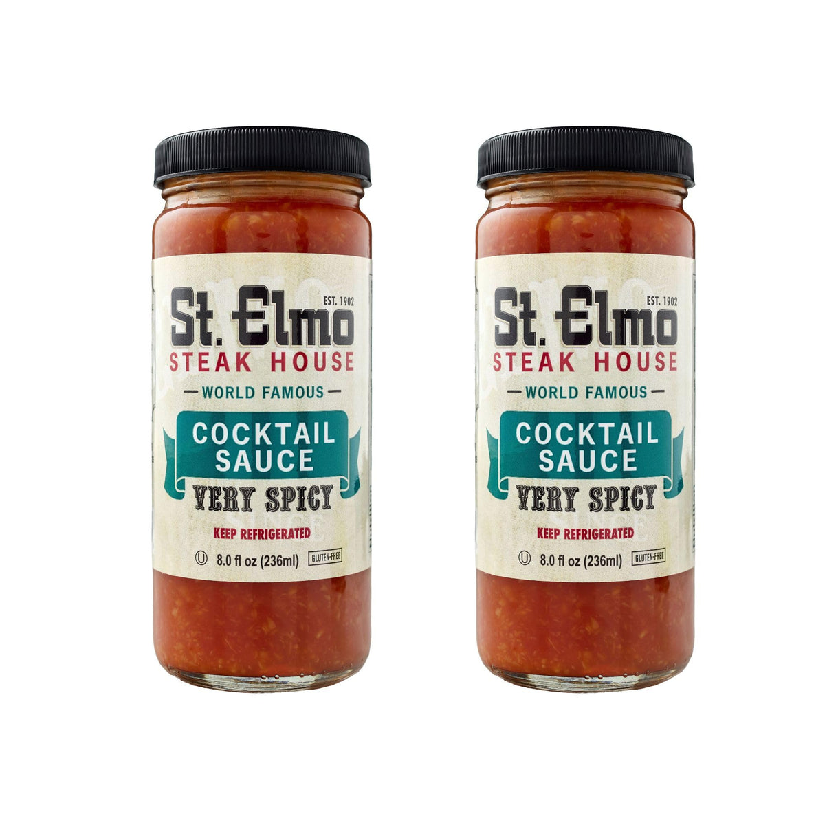 St. Elmo Cocktail Sauce extra spicy 8oz bottle adds bold horseradish heat to seafood.