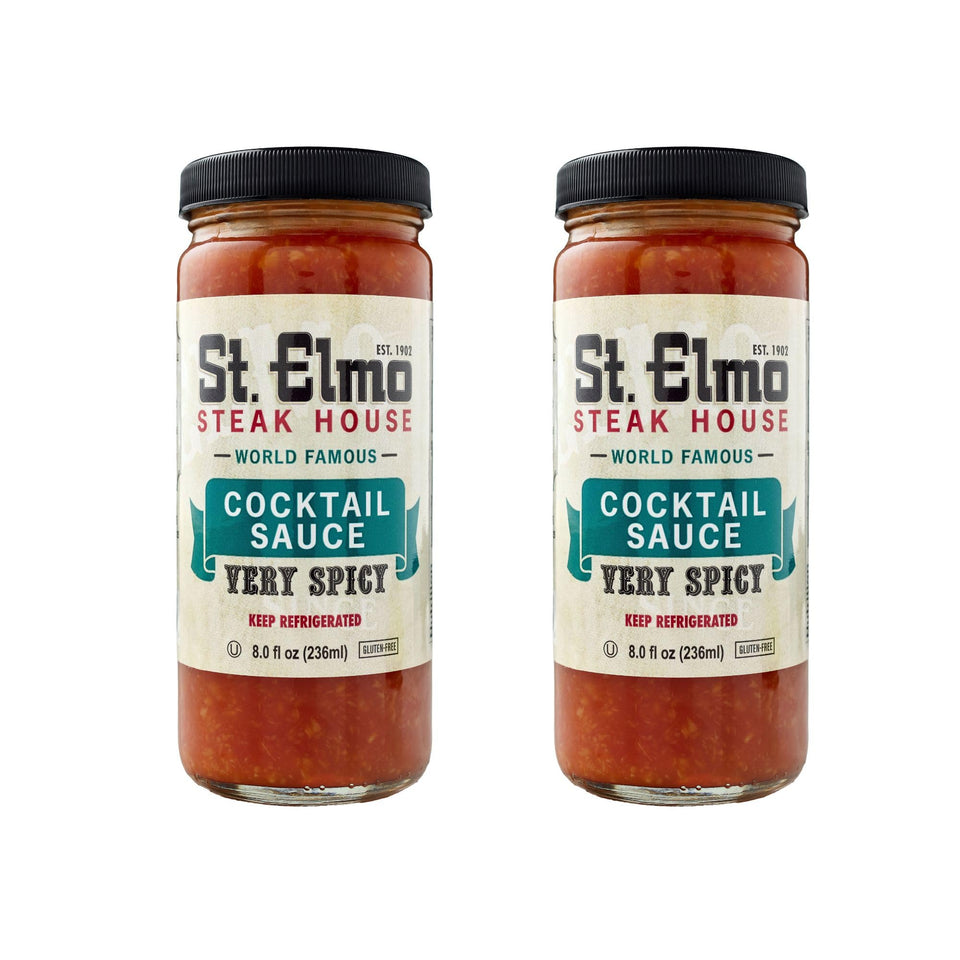 St. Elmo Cocktail Sauce extra spicy 8oz bottle adds bold horseradish heat to seafood.